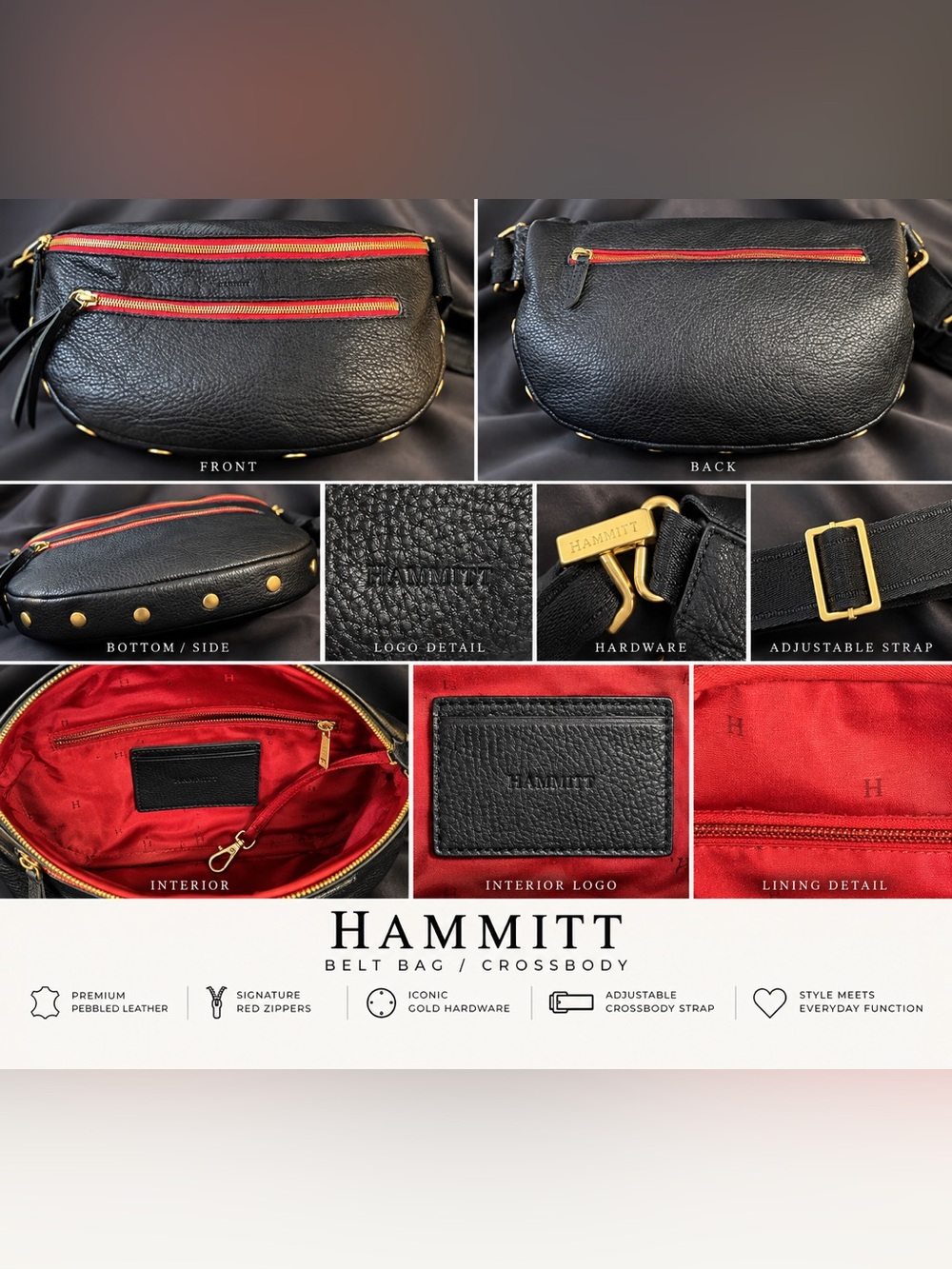 Title: Hammitt Charles Large Crossbody Belt Bag Black Leather Gold Red Zip